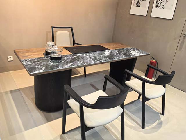 Mixed Marble and Wood Top Asymmetric Base Executive Office Desk