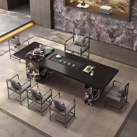 Modern Luxury 6-Seater Rectangular Sintered Stone Tea Dining Table with Dual Patterned Marble Block Pedestals and Integrated Central Tea Tray
