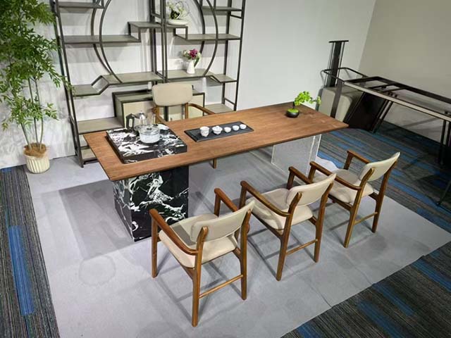 Integrated Gongfu Tea Ceremony Meeting Table with Asymmetric Dual Pedestal Base