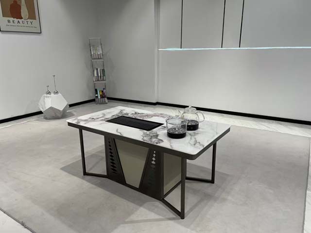 Modern Sintered Stone Top Electric Tea Brewing Table with Dark Metal Open Frame