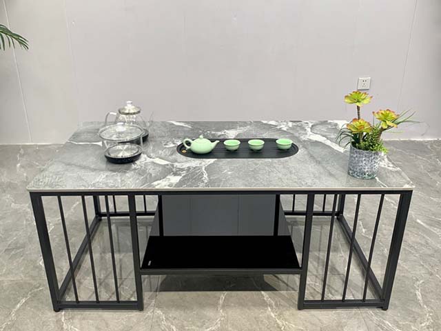 Sintered Stone Top Metal Frame Tea Table with Middle Storage Shelf