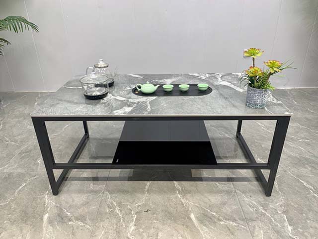 Rectangular Sintered Stone Top Tea Coffee Table with Black Metal Frame