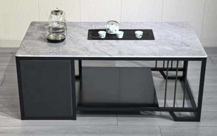 Light Grey Stone Top Black Metal Frame Gongfu Tea Coffee Table