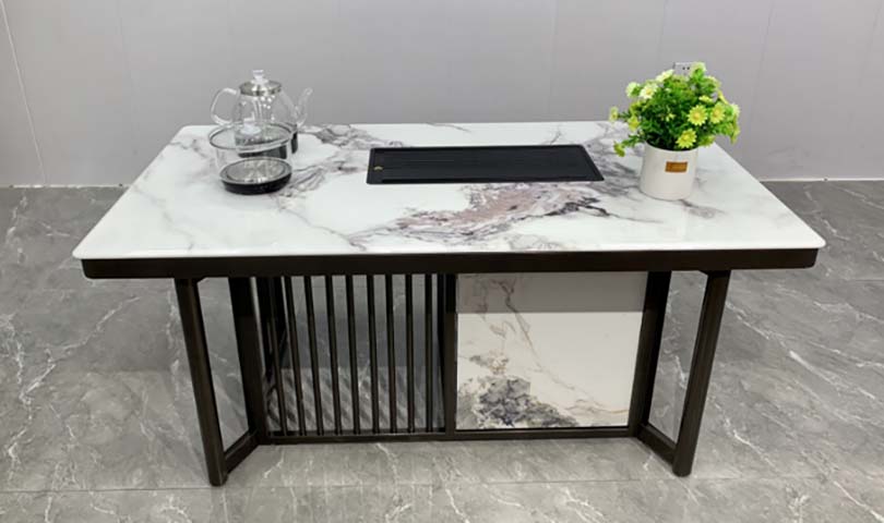Rectangular Sintered Stone Top Tea Table with Integrated Tea Tray