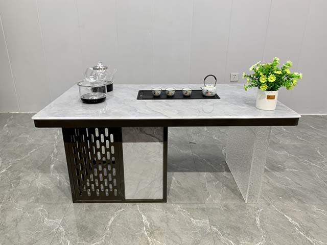 Modern Light Luxury Asymmetric Dual-Pedestal Marble Tea Ceremony Table