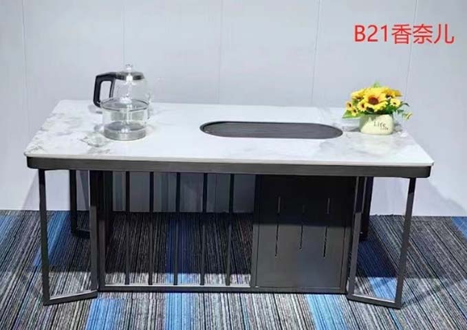Modern Veined Sintered Stone Gongfu Tea Table with Built-in Drain Tray and Side Storage Cabinet