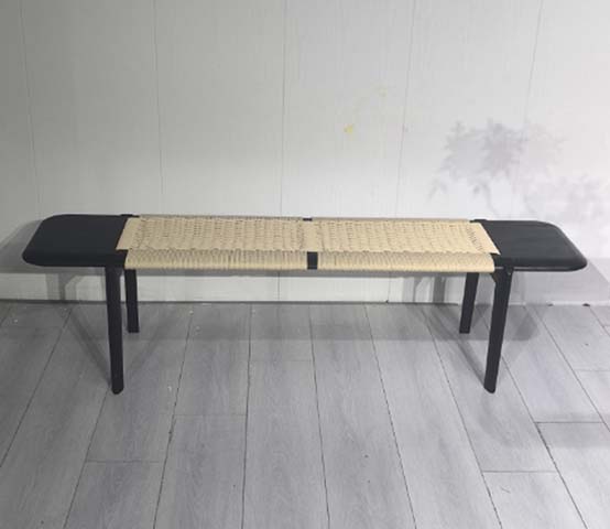 Woven Rattan Webbing Long Dining Bench with Black Wood End Caps