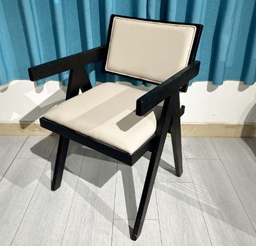 Mid-Century Modern Geometric Black Wood Frame Off-White Upholstered Lounge Accent Armchair