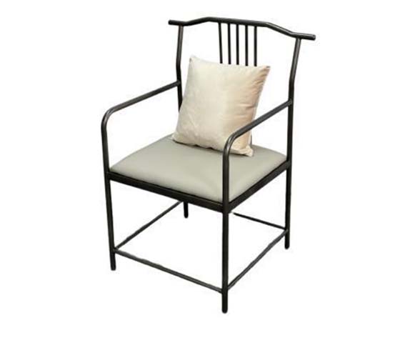 New Chinese Style Metal Frame Yoke-Back Accent Armchair with Padded Seat and Throw Pillow