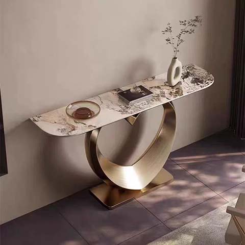 Modern Sculptural Entry Console Table with Veined Stone Top and Champagne Gold C Pedestal Base