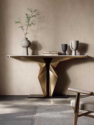 Modern Sculptural Faceted Gold Pedestal Light Stone Console Table