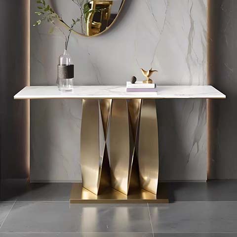 Modern Luxury White Marble-Pattern Top Console Table with Brushed Gold Twisted Pedestal Base