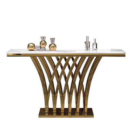 Luxury Polished Gold Crisscross Base White Marble Entry Console Table