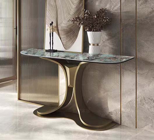 Modern Sculptural Brushed Gold Entry Console Table with Polished Veined Stone Top