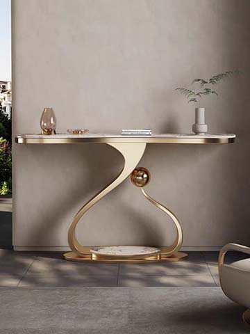 Modern Sculptural S-Curve Gold Console Table with Lower Shelf