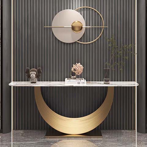Modern Luxury Light Stone Top Brushed Gold Crescent Base Console Table