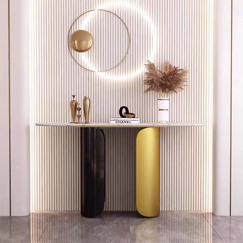 Modern Luxury Sintered Stone Console Table with Asymmetrical Black Gold Rounded Legs