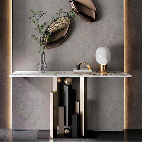 Modern Luxury Tri-Tone Metal Base Marble-Top Entryway Console Table