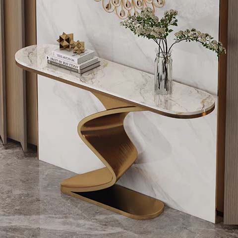 Modern Luxury Racetrack Console Table with Sculptural Gold Cantilever Base
