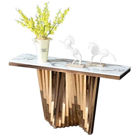 Modern Luxury Entryway Console Table with White Marble Top and Sculptural Gold Slat Base