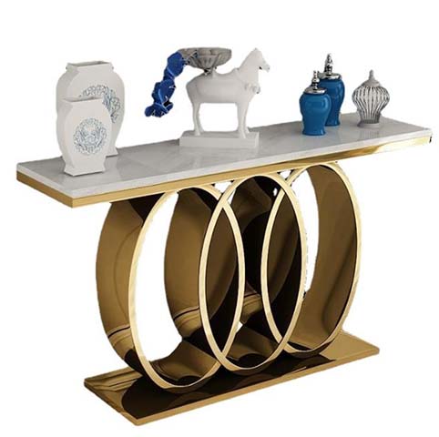 Modern Luxury Light Stone Top Gold Interlocking Ring Base Entry Console Table