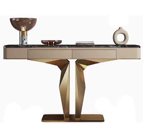 Modern Luxury Console Table with Dark Stone Top and Champagne Bronze Faceted V Base