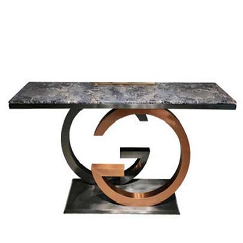 Luxury Dark Veined Stone Top Console Table with Interlocking G-Shaped Two-Tone Metal Base