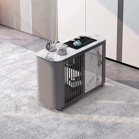Mobile Wheeled Sintered Stone Top Tea Serving Cart with Integrated Drain Tray and Enclosed Storage