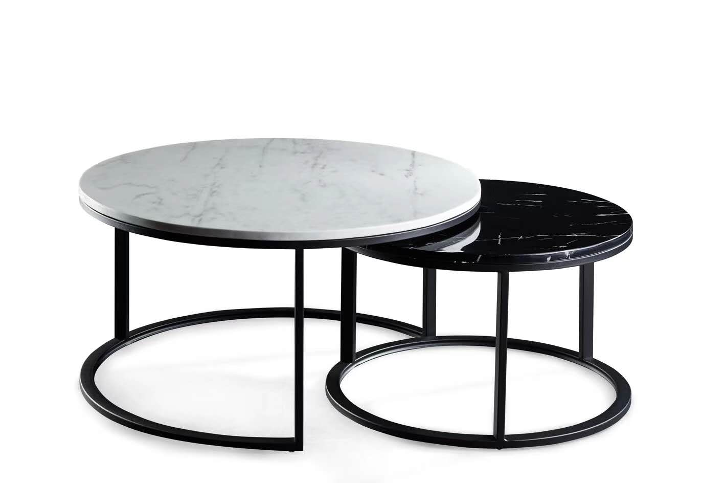 Two-Piece Round Nesting Coffee Table Set with Marble-Veined Tops and Black Metal Frames