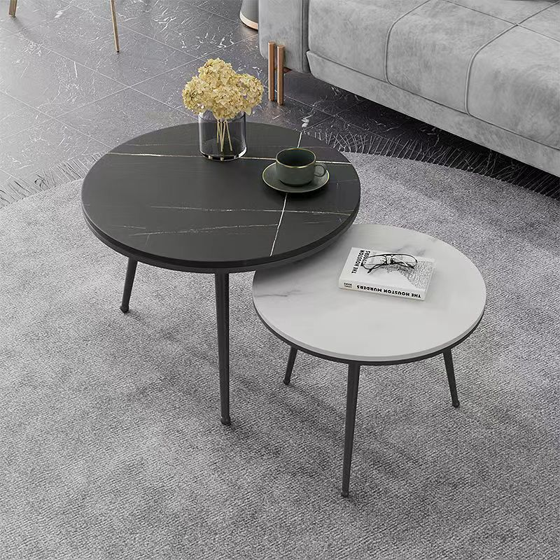 2-Piece Round Nesting Coffee Table Set, Black and White Veined Stone Top with Matte Black Metal Legs