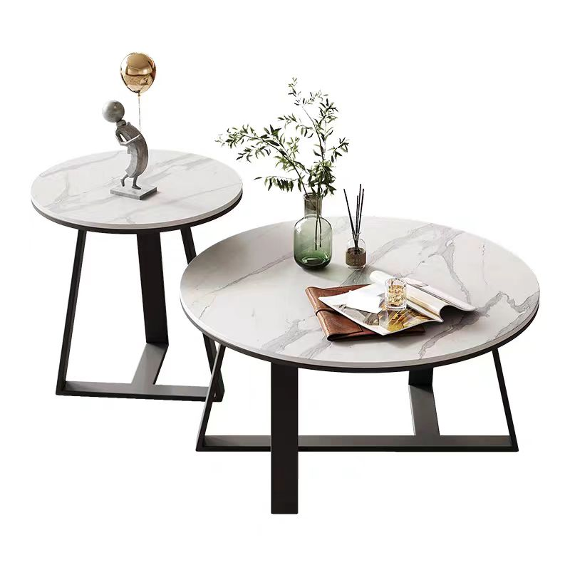 2-Piece Round Nesting Coffee Table Set, White Marble-Veined Sintered Stone Top with Black Metal Frame