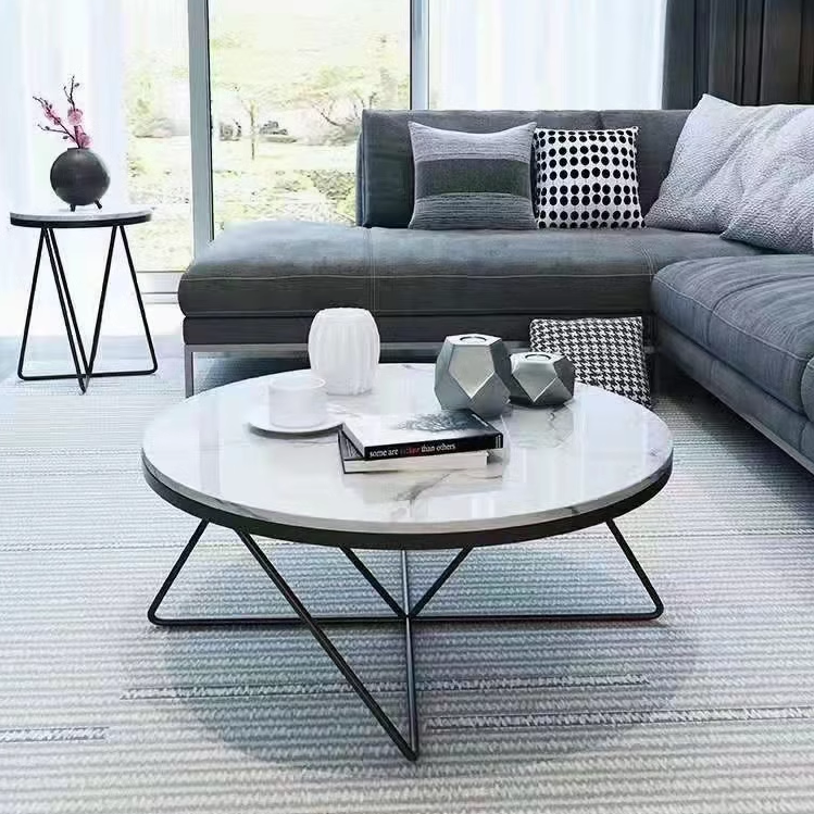 Oval White Marble-Effect Coffee Table with Black Geometric Metal Frame