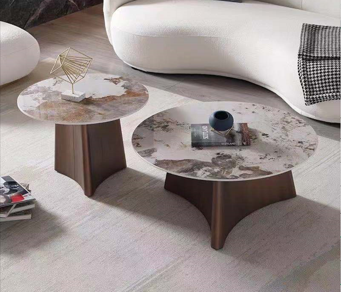 2-Piece Nesting Round Coffee Table Set, Sintered Stone Top, Bronze Flared Pedestal Base
