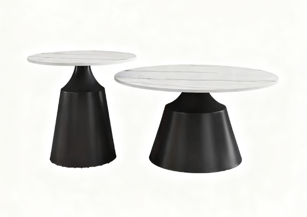 Nesting Round Coffee Table Set of 2 with Marble-Effect Tops and Black Conical Bases