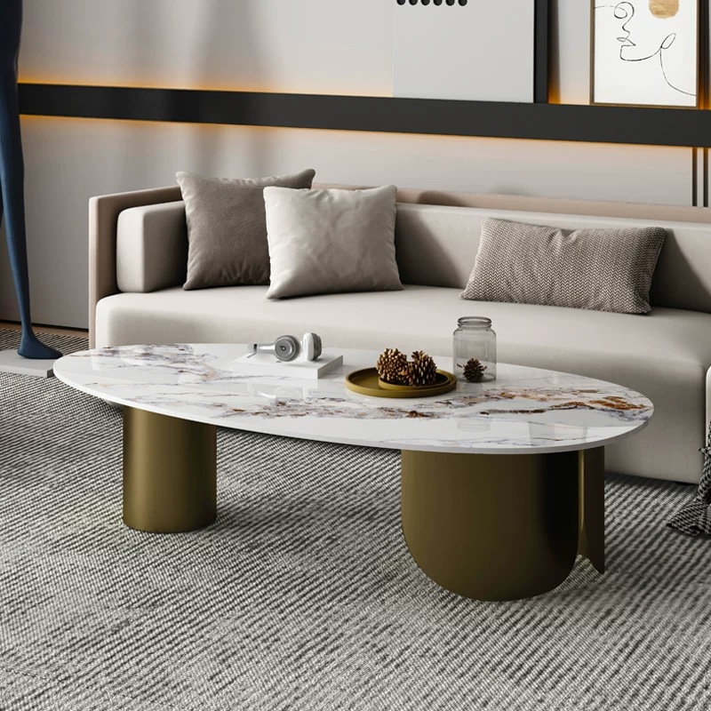 Modern Oval Veined Stone Top Coffee Table with Asymmetric Gold Metal Pedestal Bases