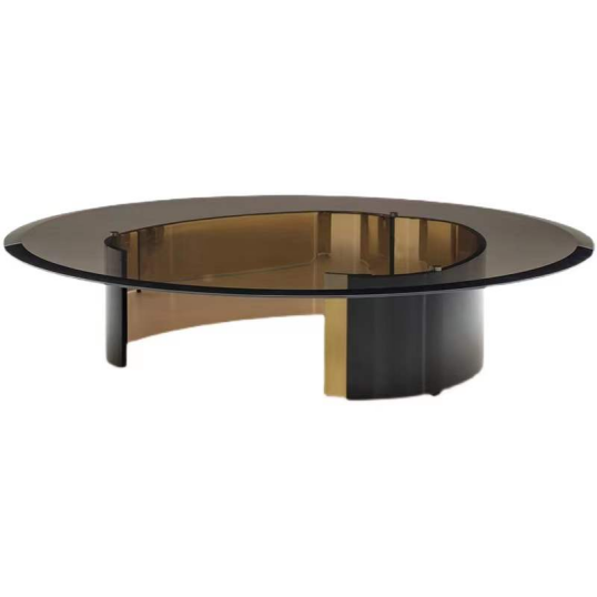 Modern Round Smoked Glass Coffee Table with Central Cutout and Dual-Tone Curved Metal Base