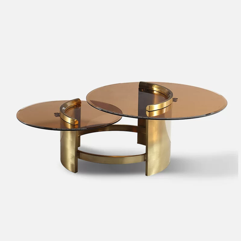 Swivel Nested Round Coffee Table with Amber Tinted Tempered Glass Top and Brushed Gold Metal Base