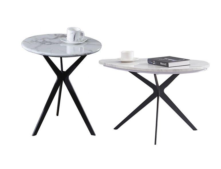 White Veined Marble Side Table with Black X-Shaped Metal Spider Base