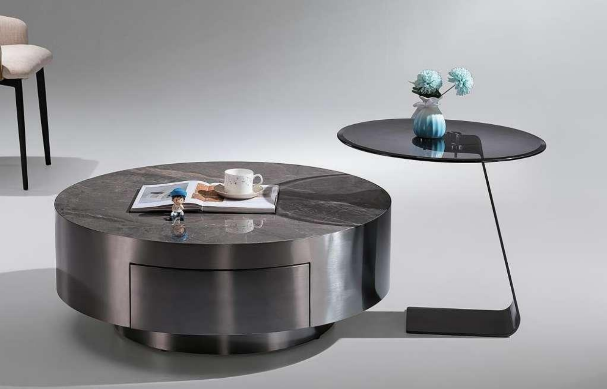 Modern Round Drum Coffee Table Set with Smoked Glass C-Shaped Side Table