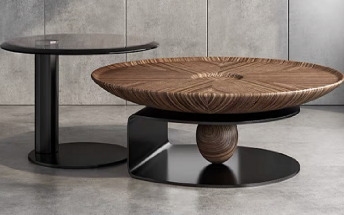 2-Piece Nesting Sculptural Coffee Table Set, Carved Wood Tray Top & Glass Side Table