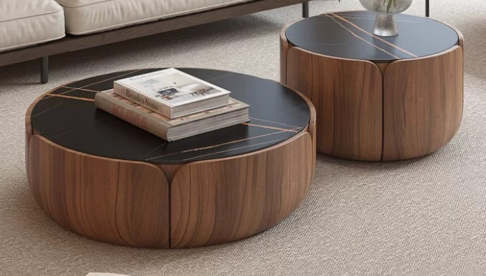 2-Piece Nesting Round Coffee Table Set with Walnut Drum Base and Black Gold-Veined Sintered Stone Top