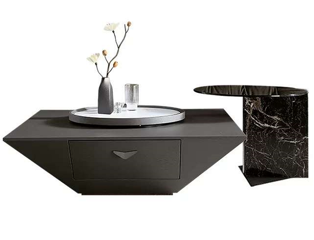 Modern Geometric Inverted Pyramid Coffee Table Set with Rotating Side Table and Storage Drawer