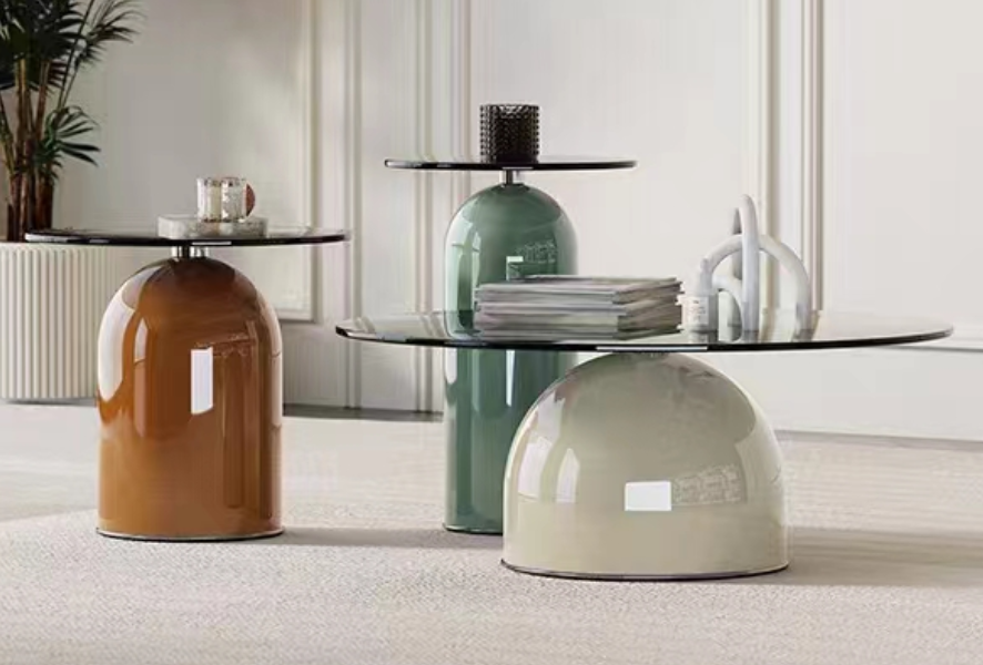 Set of 3 Modern Glass-Top Side Coffee Tables with Colored Dome Bases