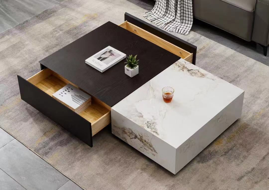 Dual-Tone Square Extendable Storage Coffee Table with Pull-Out Drawers