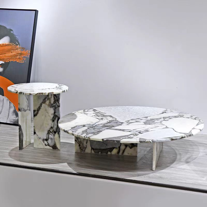 Round Polished Natural Marble Low Lounge Coffee Table with Dual Vertical Slab Supports
