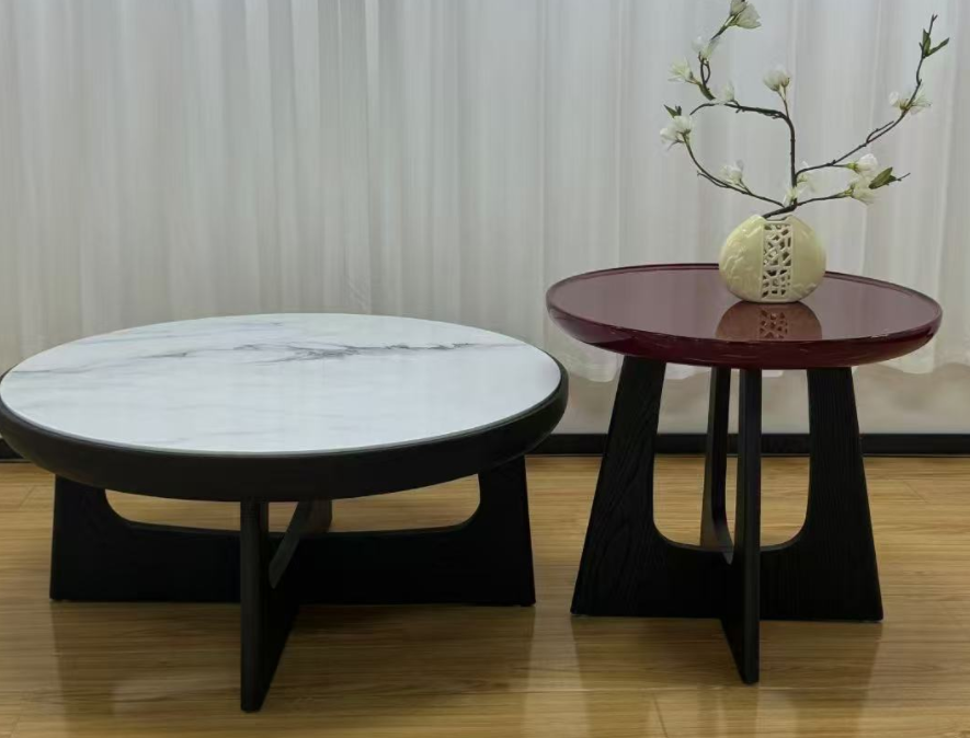 2-Piece Round Nesting Coffee Table Set, Mixed Marble-Effect and Gloss Burgundy Top with Black Cross Base