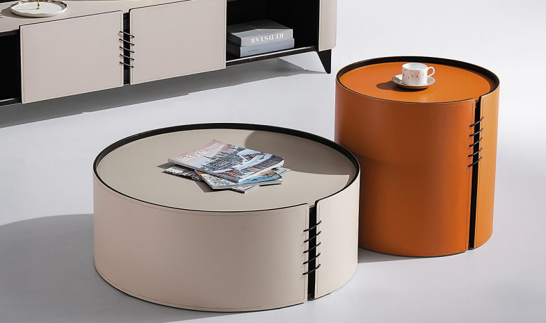 Two-Piece Nested Round Leather-Wrapped Drum Coffee Table Set