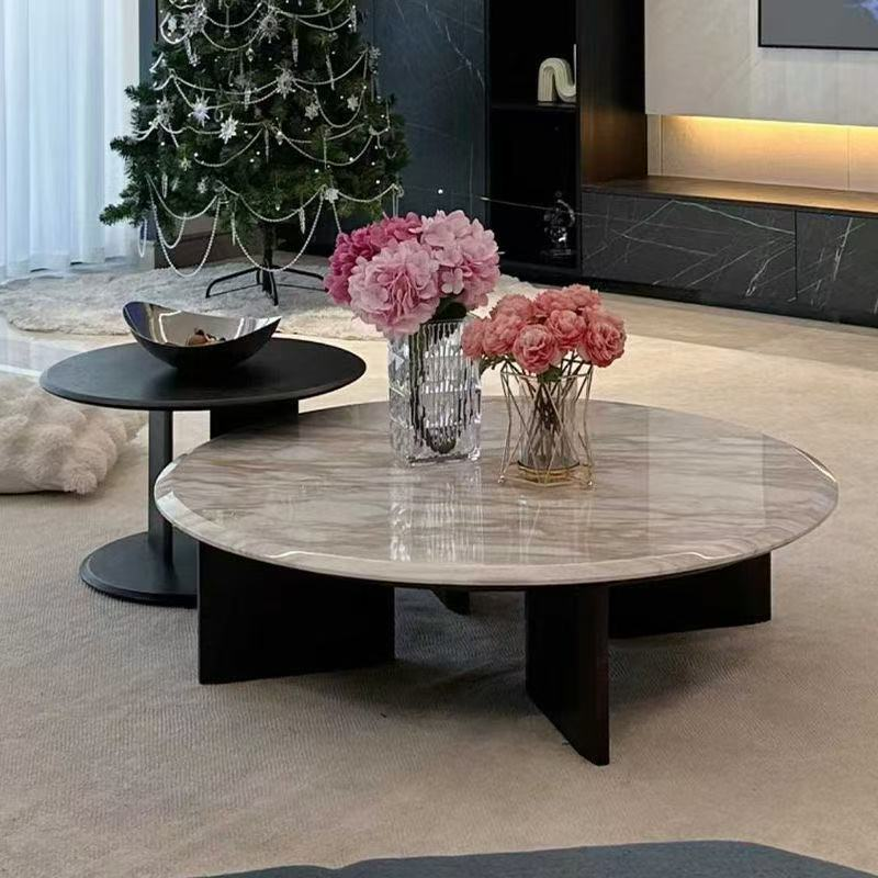 Modern Nested Round Coffee Table Set with Polished Marble-Effect Top and Matte Black Base