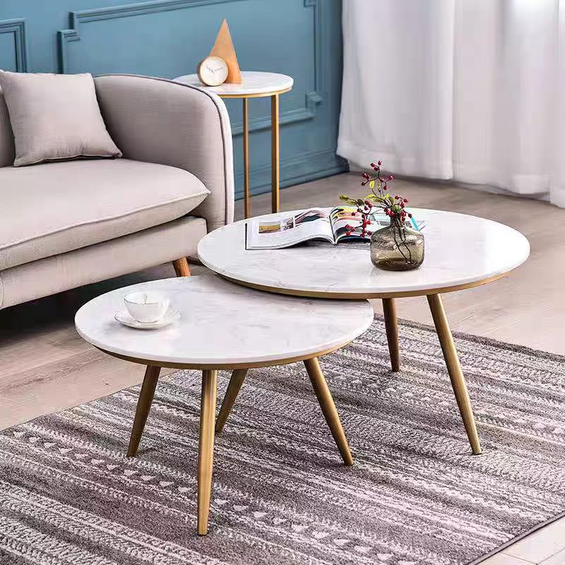Set of 2 Round Nesting Coffee Tables with White Marble-Effect Top and Gold Tapered Legs