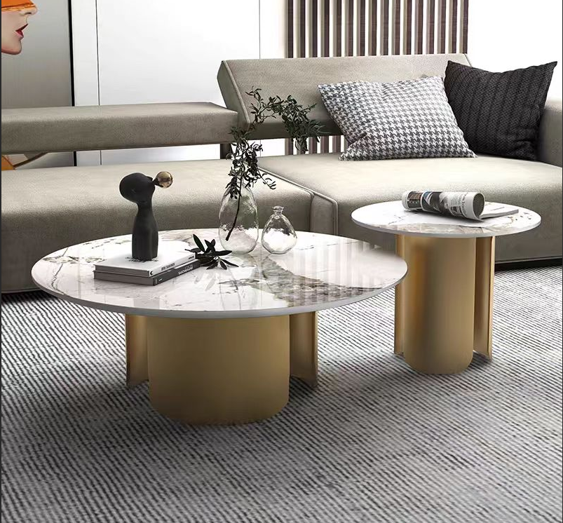 2-Piece Nested Round Coffee Table Set with Glossy White Veined Top and Brushed Gold Segmented Pedestal Bases